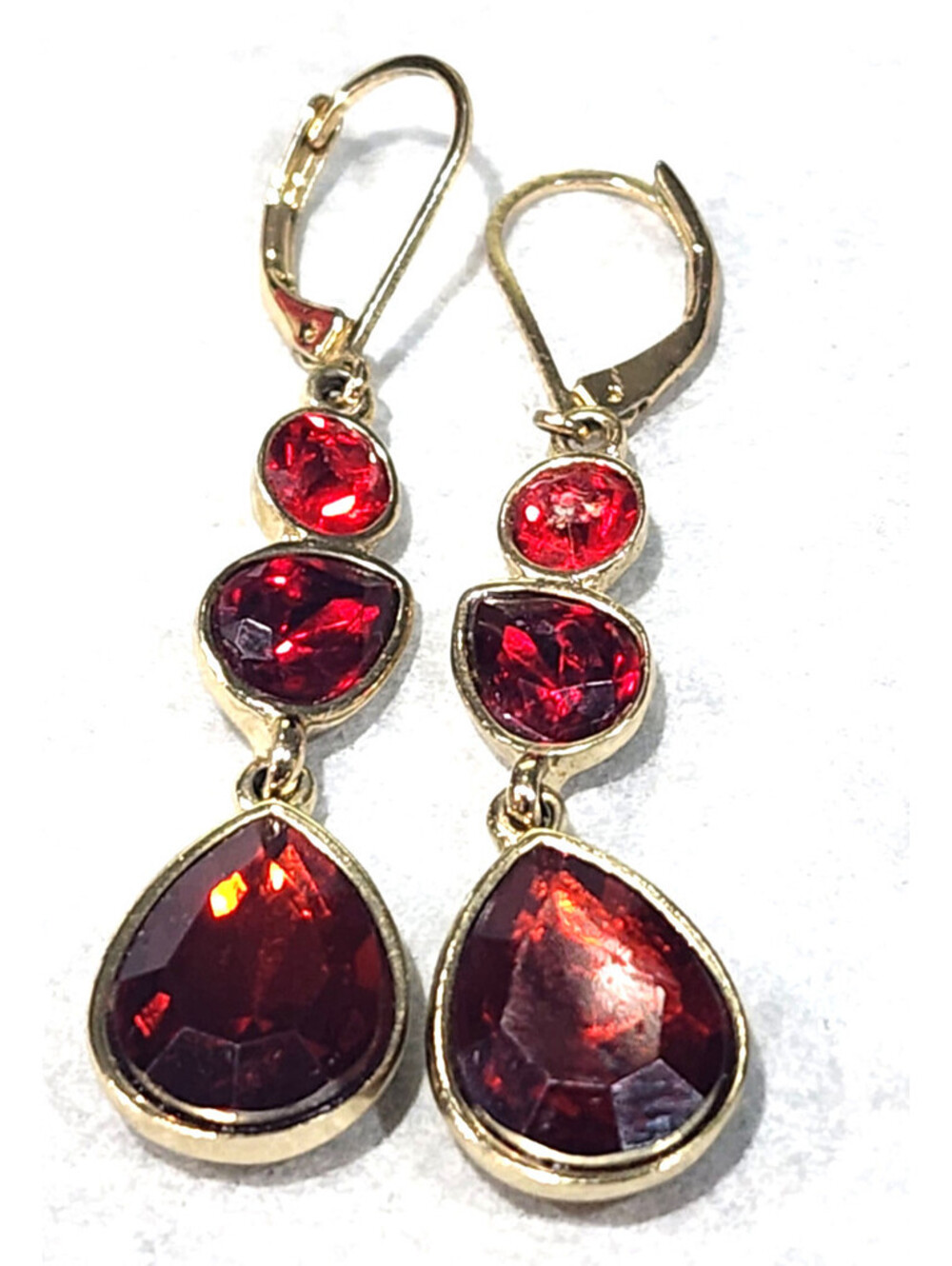 Napier Vintage Signed Ruby Red Rhinestone Multi Tier Dangle Leverback Earrings
